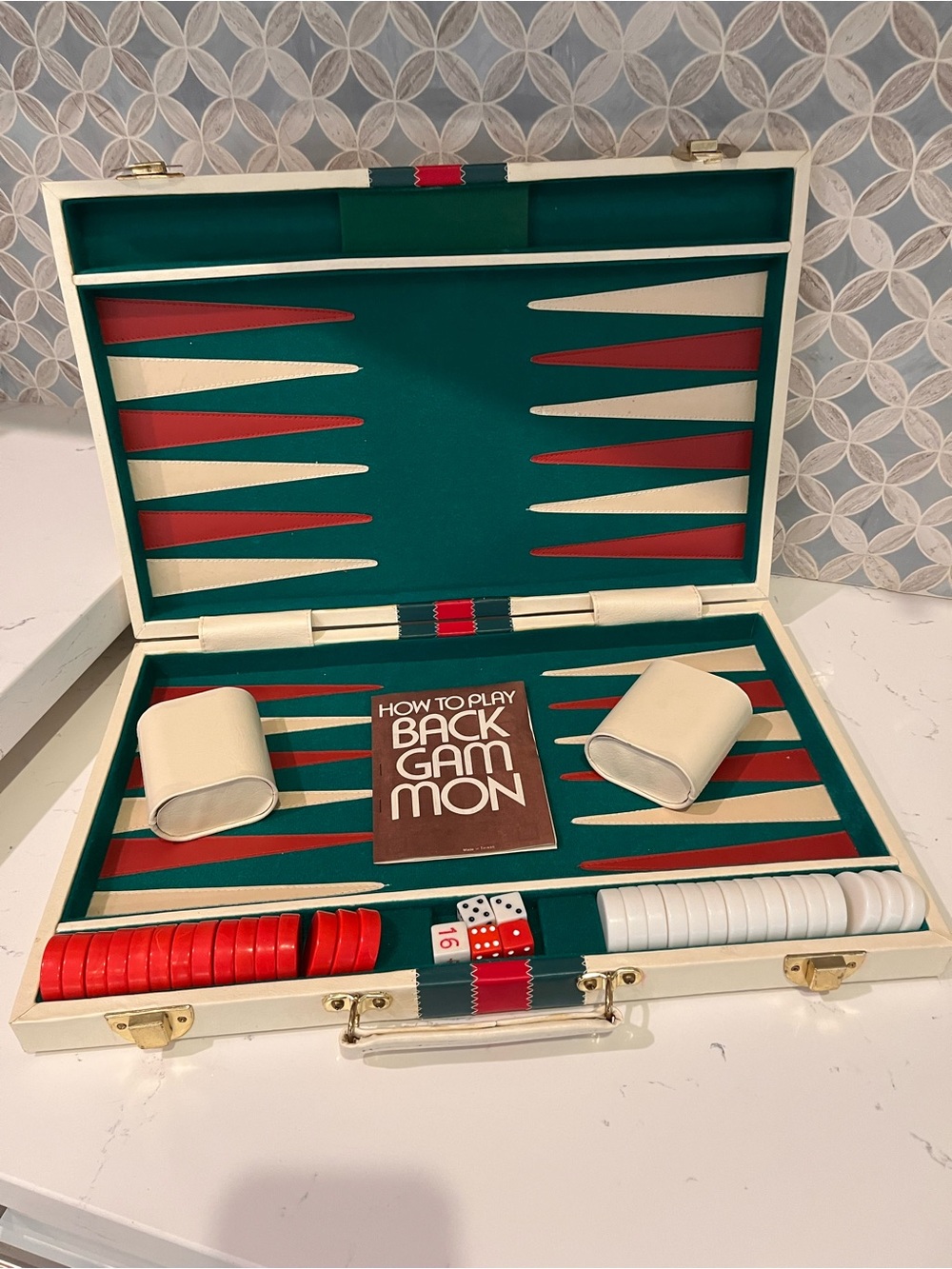 Vintage Extra Large Backgammon Set in Cream, Green & Red With All Pieces 18x12